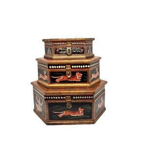 3 Vintage Nesting Hexagon Wooden Boxes HunterScene Hand Painted From India Rare